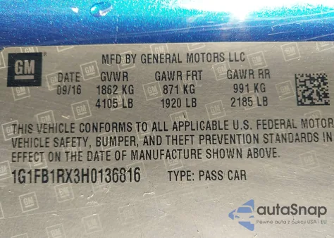 2017 Chevrolet Camaro 1Lt from USA, damaged, VIN 1G1FB1RX3H0136816